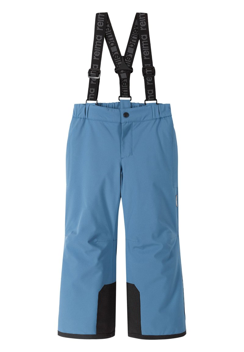 Pantaloni de zăpadă impermeabili, de culoare albastră, cu bretele negre ajustabile, bandă elastică la talie, buzunare frontale și panouri inferioare negre în contrast.