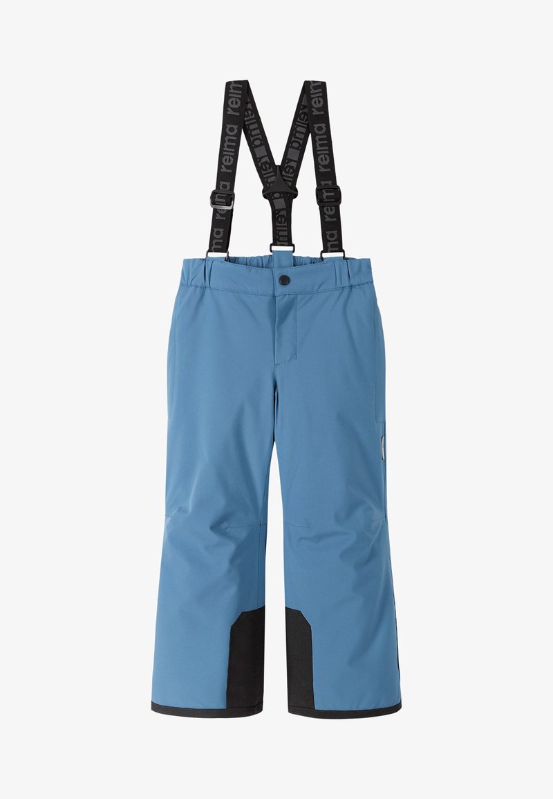 Blå vandtætte skibriller med justerbare sorte seler, elastisk talje, frontlommer og kontrasterende sorte nederste paneler.