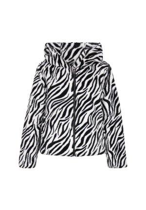 Faux fur jakke med hætte, prydet med et sort og hvidt zebra-mønster, lynlåslukning og blød tekstur.