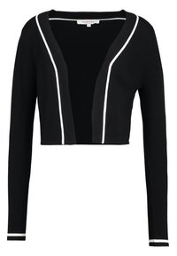 Schwarze, verkürzte Strickjacke mit langen Ärmeln, die an der offenen Vorderseite und den Ärmelbündchen mit weißen Akzentstreifen versehen ist. Glatte, gestrickte Textur.