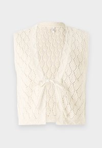 Knit vest in off-white with a diamond pattern. Features a V-neck, open front, and a tie closure. Lightweight and textured.