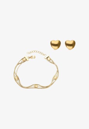 Set de bijuterii aurii format dintr-o brățară cu legături ondulate și accente ovale, și cercei cu șurub în formă de inimă. Finisaj neted, lucios.