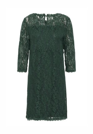 Robe en dentelle vert foncé avec des manches trois-quarts, des bords festonnés et une ouverture en forme de clé à l'arrière. Motif floral sur l'ensemble.