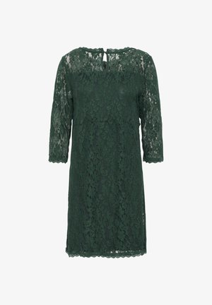 Tmavě zelené krajkové šaty s rukávy po tři čtvrtiny, s vykrojenými okraji a otvorem ve tvaru klíče na zádech. Celoplošný květinový vzor.
