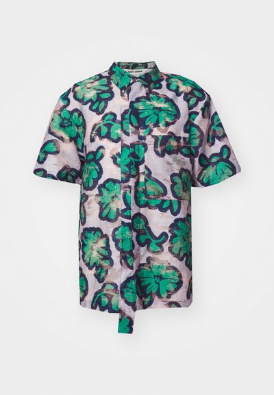 Short-sleeve shirt with a button-down collar, featuring a green floral pattern on a light background, made from textured fabric.
