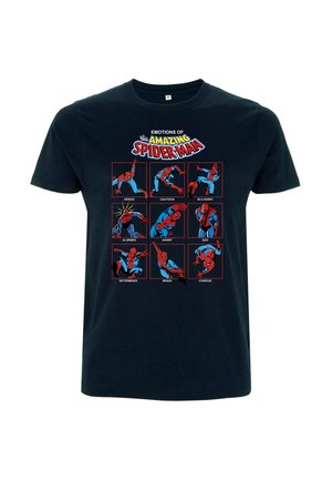 Czarna koszulka z dziewięcioma pozami Spider-Mana w stylu komiksowym oznaczonymi emocjami takimi jak: heroicznymi, ostrożnymi, zaniepokojonymi, złymi, smutnymi, zdeterminowanymi, odważnymi i ciekawskimi.