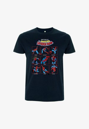 Czarna koszulka z dziewięcioma pozami Spider-Mana w stylu komiksowym oznaczonymi emocjami takimi jak: heroicznymi, ostrożnymi, zaniepokojonymi, złymi, smutnymi, zdeterminowanymi, odważnymi i ciekawskimi.