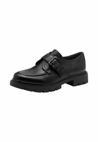 Czarne skórzane buty z okrągłym czubkiem, masywną podeszwą i szerokim paskiem z klamrą na górze. Gładka faktura, minimalistyczny design.