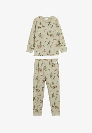 Kinderen pyjamapak in zachte, beige stof met een bedrukking van bosdieren met beren, vossen en bomen. Inclusief een langemouwen shirt en een broek.