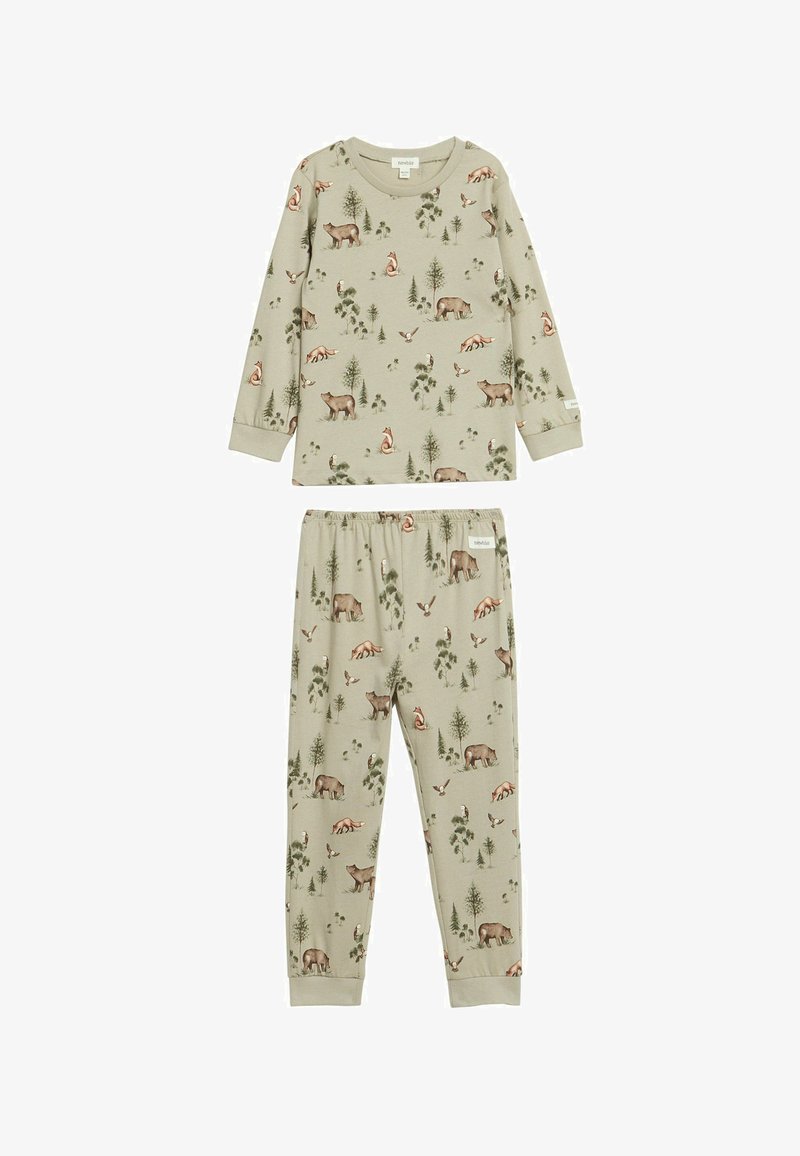 Children's pajama set in soft, beige fabric featuring a woodland animal print with bears, foxes, and trees. Includes long-sleeve top and pants.