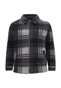 Grau und marineblau karierter Reißverschlussjacke mit kragenartigem Hals, zwei seitlichen Taschen und weicher, strukturierter Stoffqualität.