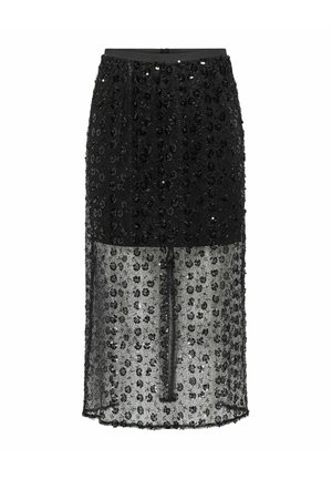Sort nederdel med gennemsigtigt stof og palietbroderet blomster mønster, knælængde med en tætsiddende linning. Tekstureret overflade tilføjer detaljer.