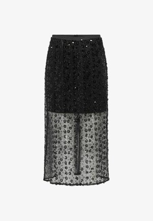 Črna krilo iz prosojnega materiala s cvetličnim vzorcem iz bleščic, dolžine do kolen z oprijetim pasom. Teksturirana površina dodaja detajle.