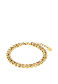 Bracciale in metallo color oro con maglie interconnesse, dotato di chiusura a moschettone e catena regolabile con un'etichetta per la personalizzazione della taglia.