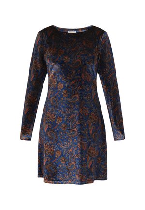 Tumepruun sametist pikkade varrukatega kleit, millel on paisley-muster oranži ja kuldse tooni kombinatsiooniga. Ümar kaelus ja põlve ülene pikkus.