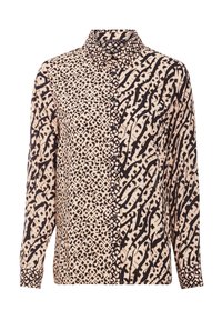 Chemise à manches longues avec un col boutonné ; tissu à motifs beige et noir avec des designs géométriques et abstraits ; texture lisse.