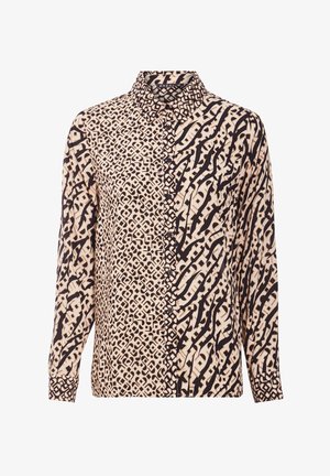 Langarmhemd mit wählbarem Kragen; gemusterter Stoff in Beige und Schwarz mit geometrischen und abstrakten Designs; glatte Textur.