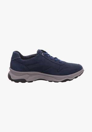 Navy blue athletic shoe made of smooth leather, features rounded toe, textured sole, and contrasting gray midsole with decorative stitching.