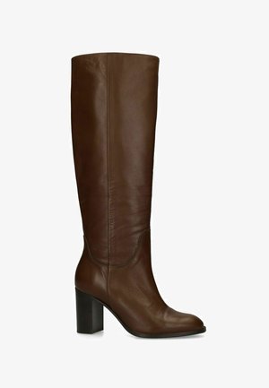 Tall brown leather women's boot with rounded toe and block heel, smooth finish, no visible embellishments or fasteners.
