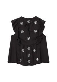 Blusa nera senza maniche con spalle arricciate, nodo frontale e motivi floreali bianchi ricamati disposti verticalmente davanti.
