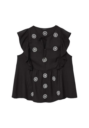 Black sleeveless blouse with ruffled shoulders, front tie, and white embroidered floral patterns arranged vertically on front.