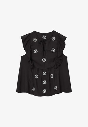 Blusa nera senza maniche con spalle arricciate, nodo frontale e motivi floreali bianchi ricamati disposti verticalmente davanti.