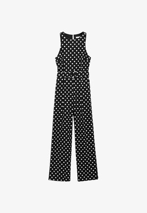 Combinaison noire à pois blancs, design sans manches, taille cintrée avec une ceinture, pantalon à jambe large et découpe en trou de serrure au dos.