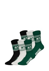 Sada pěti ponožek v černé, bílé a zelené barvě. Každá ponožka je s délkou ke kotníku, má žebrovanou strukturu a nápis "NY JETS".