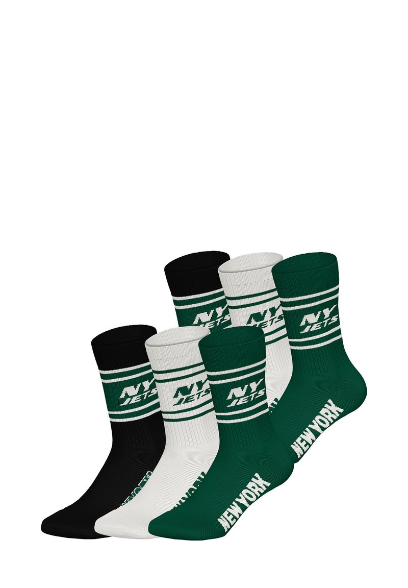 Sada pěti ponožek v černé, bílé a zelené barvě. Každá ponožka je s délkou ke kotníku, má žebrovanou strukturu a nápis "NY JETS".