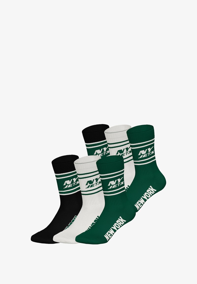 Sada pěti ponožek v černé, bílé a zelené barvě. Každá ponožka je s délkou ke kotníku, má žebrovanou strukturu a nápis "NY JETS".