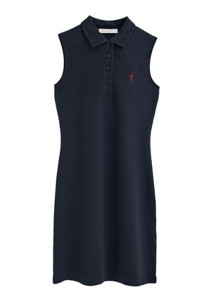 Abito polo senza maniche blu navy con collo, cinque bottoni frontali e un piccolo logo ricamato rosso di un golfista sul petto.