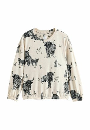 Krēmkrāsas sporta džemperis ar melnām ilustrācijām, attēlojot augstkalnu liellopus un mazus dzīvniekus, ar elastīgām aprocēm un apakšmalu. Mīksts kokvilnas materiāls.