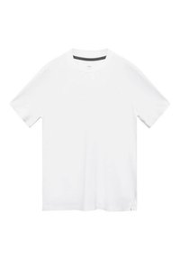 T-shirt blanc uni à manches courtes et col rond, style décontracté, avec une petite fente sur le bord inférieur, présenté sur un fond blanc.