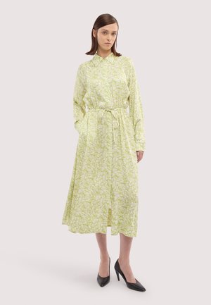 Frau steht und trägt ein langärmeliges, knöchellanges hellgrünes Kleid mit Muster, einem Kragen und schwarzen High-Heels.