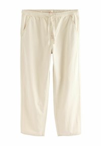 Pantalon en coton beige avec une taille élastique, un cordon de serrage et deux poches latérales ; design à jambes droites, texture lisse, détails de couture minimalistes.