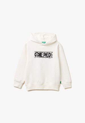 Weißer Kapuzenpullover mit langen Ärmeln, der auf der Brust ein schwarzes "One Piece"-Logo und eine Totenkopf- und Knochen-Grafik zeigt.