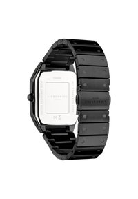 Orologio in acciaio inossidabile nero con cassa ottagonale, vetro piatto e design a bracciale a maglie. Branding inciso e impermeabilità indicati sul retro.