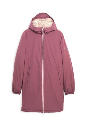 Paarse, lange mouwen jas met een rits aan de voorkant en een capuchon. Gevoerd met zachte, beige fleece. Elastische manchetten en zijzakken zijn aanwezig.