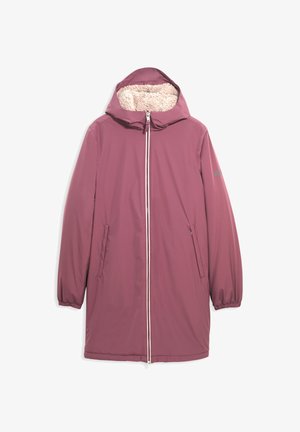 Paarse, lange mouwen jas met een rits aan de voorkant en een capuchon. Gevoerd met zachte, beige fleece. Elastische manchetten en zijzakken zijn aanwezig.