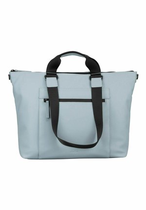 Sac fourre-tout bleu clair avec poignées noires, poche zippée à l'avant, forme rectangulaire, et matériau lisse et structuré sur fond blanc.