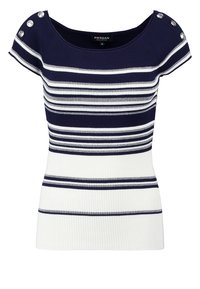 Randig stickad topp med marinblå och vita horisontella linjer, korta ärmar och dekorativa knappar på axeln. Ribbad textur.