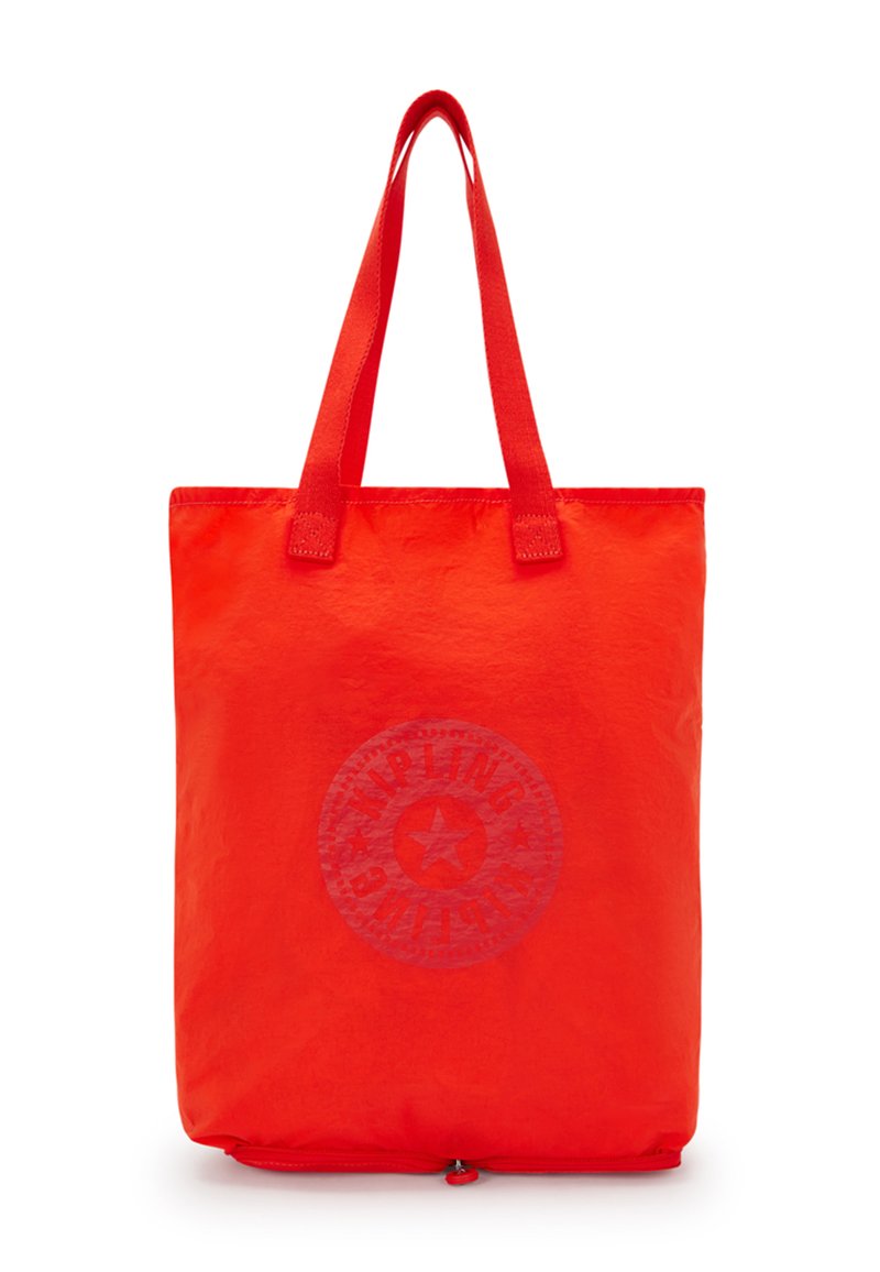 Borsa tote di tessuto rosso con due manici, con un design di logo circolare in una tonalità più chiara di rosso sul davanti. Forma semplice e rettangolare.