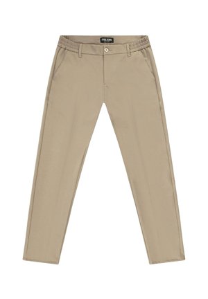 Beige casual broek met elastische tailleband, zijpanelen, knoop aan de voorkant, ceintuurlussen en zijzakken, plat neergelegd.
