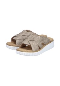 Beige woven slide sandals with a padded footbed and white rubber sole, featuring braided straps and a textured fabric upper.