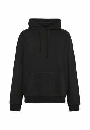 Zwarte pullover met capuchon, voorvak in kangeroestijl, lange mouwen, geribde boorden en zoom, en verstelbare trekkoordkap.