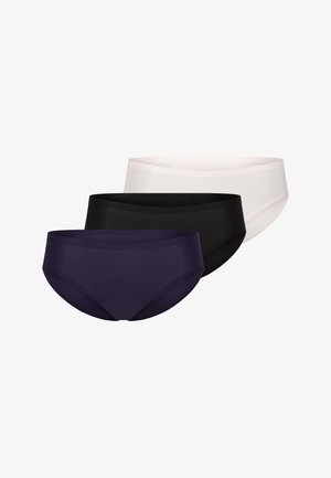 Trois culottes pour femmes en noir, violet foncé et blanc. Fabriquées dans un matériau lisse et extensible avec une conception sans coutures et une taille mi-haute.