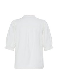 Blouse blanche à manches bouffantes jusqu'au coude, poignets à volants et petit détail volanté au col montant, vue de dos.