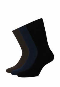 Trzy pary skarpetek w kolorach brązowym, granatowym i czarnym. Każda z nich ma prążkowany mankiet oraz gładką, elastyczną fakturę o wysokości do połowy łydki.