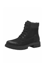 Bota negra hasta el tobillo con cierre de cordones, parte superior de ante y sintético, puntera redonda, cuello acolchado y suela de goma texturizada.