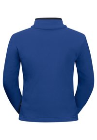 Sudadera de forro polar azul con un cuello alto, mangas largas y un exterior texturizado. El dobladillo inferior es recto y presenta una etiqueta de logo discreto.